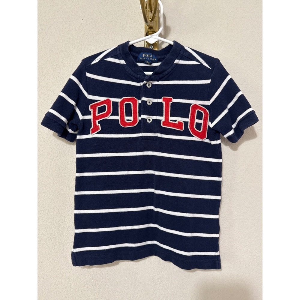 Polo Ralph Lauren Henley Shirt Kids 4/4T Navy Blue Striped Logo Applique Top